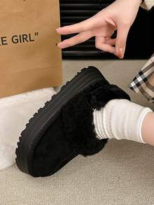 2022秋冬新款保暖蓬松套脚拖鞋，女士闭趾人造毛皮内衬家居鞋 - 黑色 - 查看 4