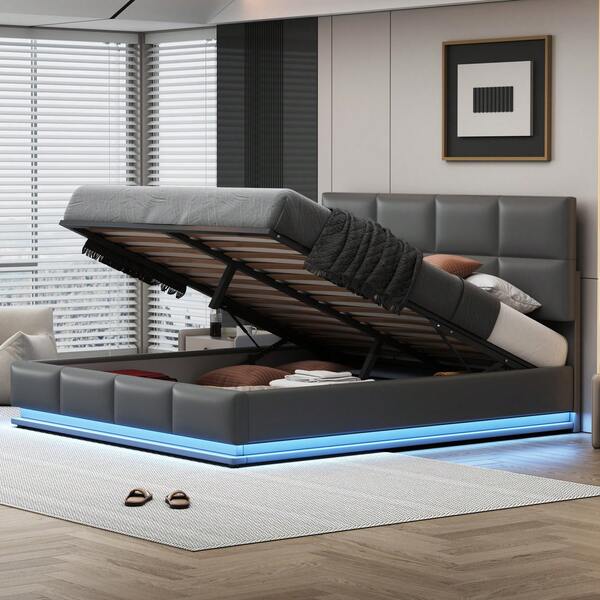 Letto imbottito 180x200 cm con illuminazione a LED e vano contenitore sollevabile idraulicamente, rete a doghe e rivestimento in similpelle, letto matrimoniale per adulti, letto per ragazzi grigio