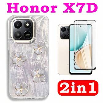 Protector de pantalla de vidrio templado con borde negro + Funda de teléfono con patrón de trébol de cuatro hojas de moda, compatible con series , OPPO, Vivo, Realme, Infinix, Redmi, Honor