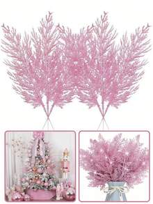 10 piezas de ramitas artificiales de cedro con purpurina rosa, ramas y tallos de cedro falso, adornos navideños con hojas de pino con purpurina, hojas y tallos de cedro artificiales para manualidades DIY, coronas y decoración del hogar, hojas falsas adecuadas para coronas y decoración del hogar