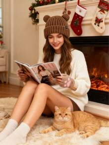 2 Pieces/Set: Cute Little Bear Ear Knitted Hats For Autumn And Winter, Ladies' Winter Hats, Plush Warm Hats, Plush Winter Half-Finger Flap Warm Thickened Mink Gloves, Soft Knitted Hat Warm Set With A Large Head, Christmas Accessories, Christmas Gifts For Family And Friends