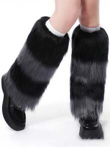 Women Faux Fur Furry Leg Warmers Girls Knee High Thick Socks Winter Boot Cuffs Cover Plush Ravewear Party Costumes - 黑綠 - 查看 2