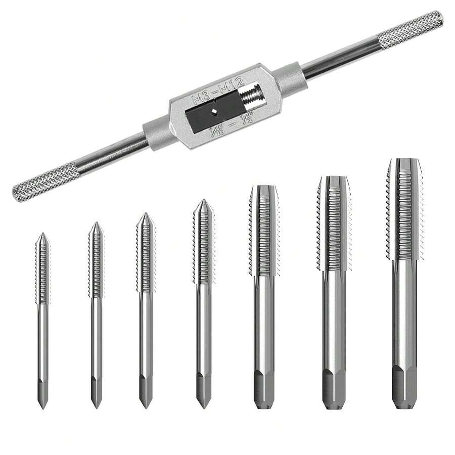MOLOLAN Kit 8 Piezas Broca Machuelos Milimetrico Maneral Ajustable Roscador Util de grifos métricos, juego de grifos de rosca de mano, mini grifo métrico de rosca, juego de taladros de taladro de taladro M3 M4 M5 M6 M8 M10 M12 con llave ajustable 1/16-1/2,y llave de grifo ajustable, es un conjunto muy útil de herramientas de tapping