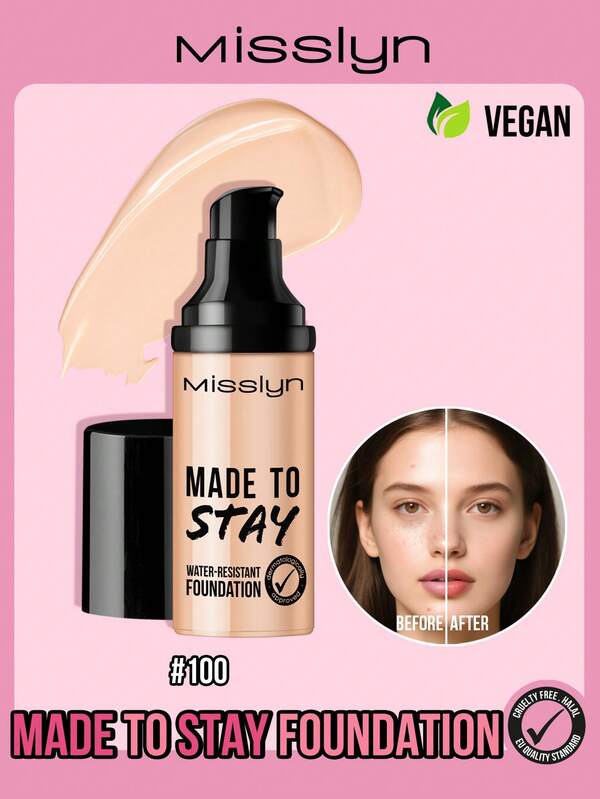 Misslyn MADE TO STAY WATER-RESISTANT FOUNDATION, Even Skin Tone, Water Resistant, Long-Lasting, Smudge Proof, Creamy Texture, High Coverage, Nourishing, Y2K Makeup Party Beach Travel Holiday Camping Outdoors Present Rose Fashion Girl New Year Cosmetic Cosplay Best Trip Festivals Color Fancy Campus School Charm Vibe Cny Chinese New Year, Valentine's Day Gifts, Vegan, Cruelty Free