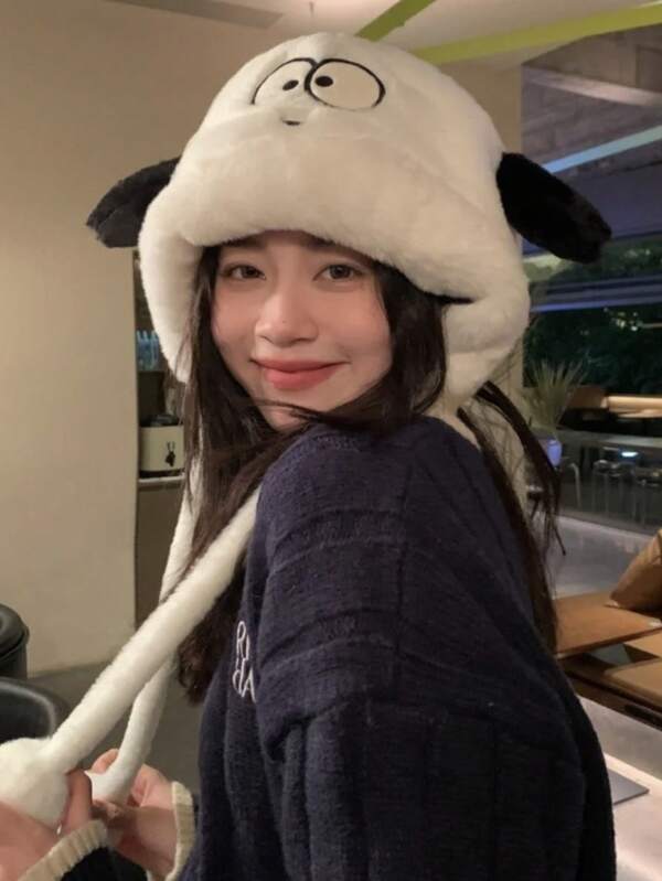 Süßer Cartoon Welpen Ohrenklappen Hut für Frauen, warm und dick für Herbst/Winter