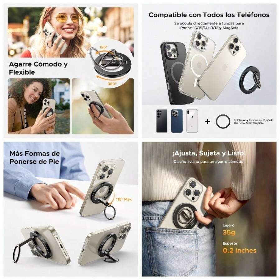 Soporte Magntico para Celular con Anillo, Innovador Soporte Metlico Bidireccional, Magnetico Holder Compatible con Todos los telfonos, Stand para Accesorios para 16 15 14 13 - plateado - Ver 1