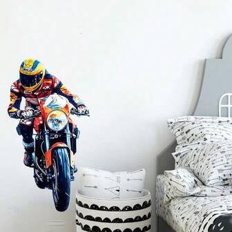 1 件水彩摩托车骑手墙贴，复古摩托车正面墙贴，适用于游戏室卧室客厅家居装饰
