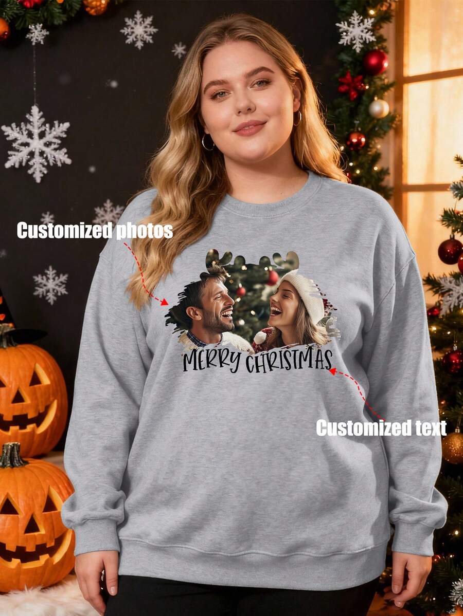 Customized Plus Size Women's Fleece Crew Neck Sweatshirt, Customize With Friend/Couple/Pet/Sister/Selfie/Family Photos, Customize Your Text/Name/Blessing, Customize Plus Size Fleece Sweatshirt, Warm & Thick Casual Hoodie, Halloween Gift, Christmas Gift, Surprise Gift, Birthday Gift, Wedding Gift, Group Uniform Customization, Best Friend Gift, Anniversary Gift, Valentine's Day Gift, Gift For Her, Women's Casual Top - Light Grey - View 1