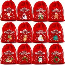 12pcs Christmas Velvet Drawstring Bags - Festive Red Candy Bags, Decorated With Santa Claus, Reindeer And Snowflake Patterns, Reusable, Suitable For Holiday Parties, Can Be Used For Packaging Candy, Jewelry And Small Gifts, Christmas Gift Bags - Multicolor - View 2