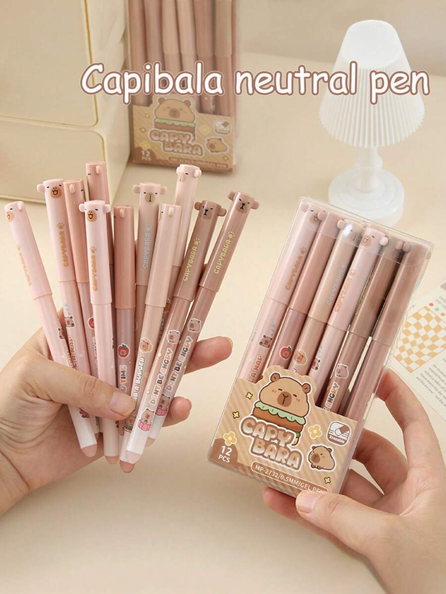 12 pezzi/Scatola Penne gel Capibara, Penne a sfera cancellabili con disegni di Castorini d'acqua, adatte per studenti di 2°-3° elementare per scrittura, esami, appunti