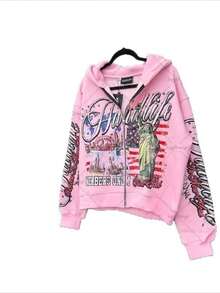 Streetwear Zip-Up Hoodie | Unisex Oversized Graphic Pullover | Y2K Vintage Style - Hồng - Xem 1