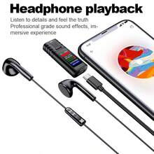 Grabadora de voz digital recargable y mini, adecuada para conferencias, reuniones, conciertos, con cancelación de ruido inteligente, activada por voz, dispositivo de grabación, reproductor de MP3 portátil USB - Grabadora activada por voz con función de reproducción, sin llavero ni cordón, con auriculares con cable