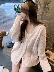 Soft & Cozy V-Neck Pink Sweater Cardigan For Women, Loose & Relaxed Knit, Autumn/Winter