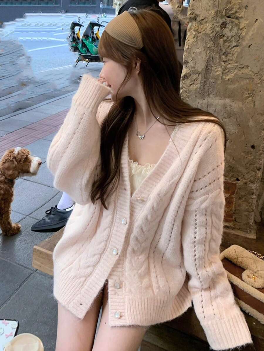 Soft & Cozy V-Neck Pink Sweater Cardigan For Women, Loose & Relaxed Knit, Autumn/Winter