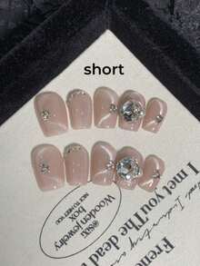 10PCS Pure Handmade Wearing Nail, Light Pink Trapezoidal Shiny Soft Cat Shaped With Diamond Studded Pressed Nails. Handmade Nail Patches Suitable For Daily And Date Wear, Detachable And Reusable. Comes With Jelly Glue And Rubbing Strips As Gifts