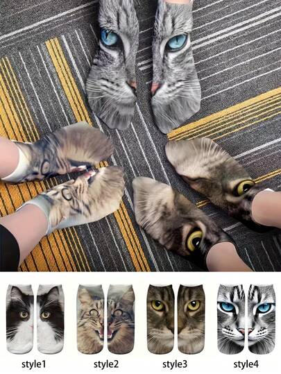 Par de calcetines de tobillo con diseño de cabeza de gato lindo y divertido para hombres y mujeres, diseño de ojos de gato estilo gatoa creativo, calcetines de pareja con temática animal, cómodos y transpirables, perfectos para la temporada de otoño/invierno, uso doméstico, fiesta, regalo para parejas, calcetines de gato, calcetines de capibara para damas, calcetinegato persa, calcetines divertidos, calcetines novedosos