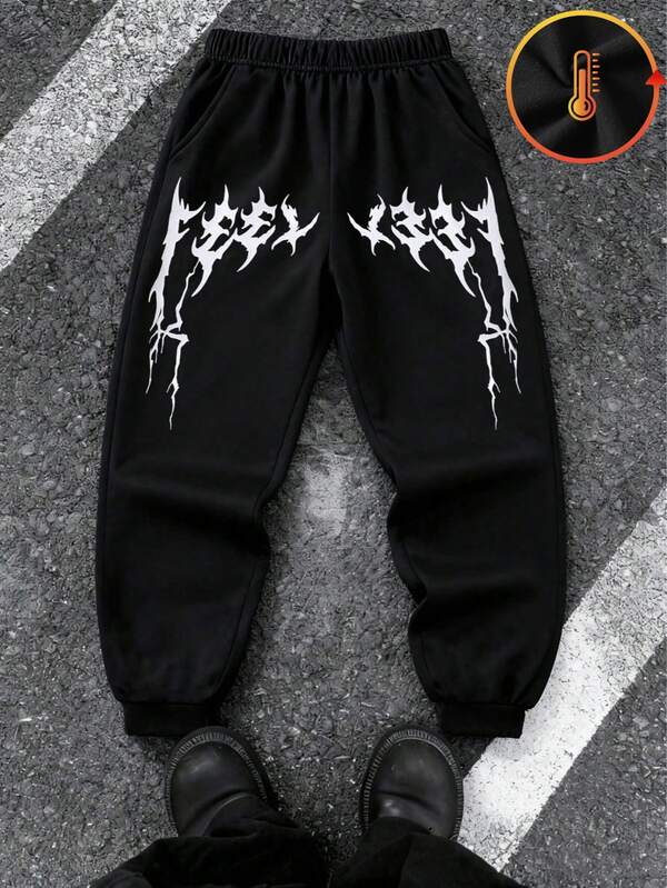 1pc Boys' Street Style Printed Pattern Warm Black Jogger Pants, Autumn/Winter