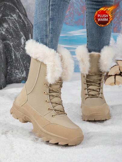 Women's Winter Fashion Mid-Calf Boots, Thermal-Lined Thick Warm Snow Boots, Outdoor Non-Slip Tall Boots