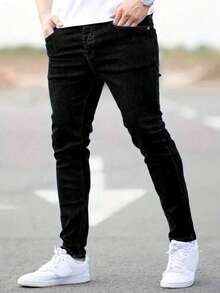 1pc Men's Slim Fit Stretch Blue Denim Jeans - Black - View 3