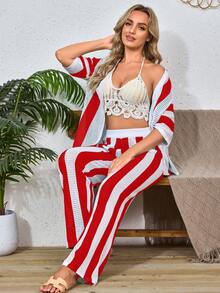 Fooullaide Women's Crochet Sets Two Piece Outfit Knit Hollow Out Color Block Button Down Shirts Matching Long Pants Beach Set - Red - View 3