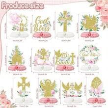 D12Pcs Baptism Honeycomb Centerpieces Party DecorPink God Bl Cross Religious Baptism Table Centerpieces For Baby Shower First Communion Birthday Party Decorations Pink God - 粉紅之神 - 查看 2