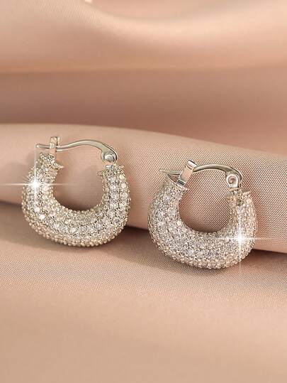 1 par de pendientes de aro con forma de U de circonita cúbica exquisita, pendientes de mujer con figura geométrica brillante para bodas y fiestas, accesorio de joyería adecuado para el compromiso, la boda y el uso diario