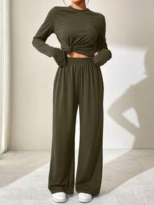 2件套女士长袖圆领T恤上衣和宽松舒适休闲裤 - 墨綠色 - 查看 8