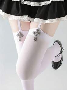 1 Pair Of Sexy Cross Lace Pattern Stockings, Ultra-Thin Hollow Stockings, White Knee-High Garter Stockings, Halloween Dress-Up - Multicolor - View 2
