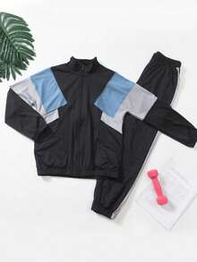 Conjunto esportivo feminino de 3 peças, composto por blusa de moletom com zíper e calça harém, ideal para corrida, academia e exercícios ao ar livre na primavera. - Azul - Ver 5