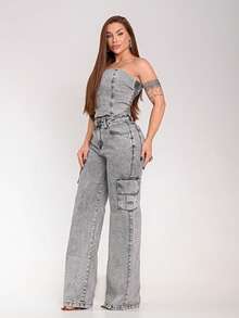 Women's Wide Leg Cargo Cropped Strapless Jeans Set | Premium Cotton - 大理石紋 - 查看 4