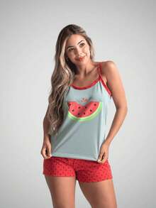 Women's Silk Print Short Doll Pajamas With Comfortable Straps - 薄荷綠 - 查看 6