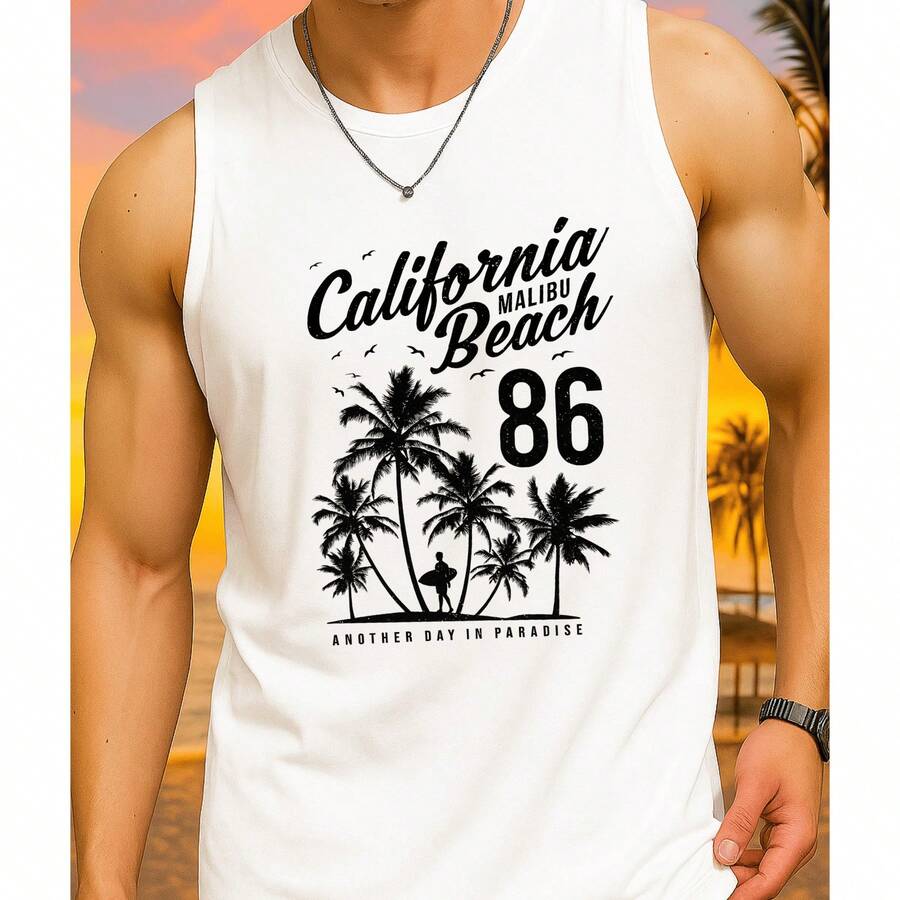 Men's California Malibu Print Tank Top Casual Everyday Lightweight Premium Cotton - 白色 - 查看 1