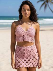 Conjunto Crochê Moda Praia Conchas Top Babadinhos Regulável + Saia Curta Verão - Rosa Bebê - Visão 3