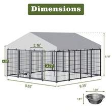 Large Dog Kennel Outdoor Pet Pens Dogs Run Enclosure Animal Hutch Metal Coop Fence With Roof Cover. 9.62'L X 9.35'W X 6.18'H - 黑色 - 查看 5