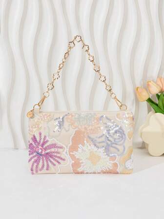 女孩时尚手提包，带有复古蕾丝花朵装饰、亮片点缀和链条肩带，适合休闲外出和携带手机