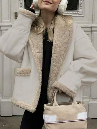 1개 여성용 빈티지 라펠 루즈 인조 퍼 울 혼방 재킷