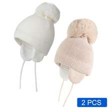 2顶冬季保暖针织婴儿帽，女童毛球儿童幼儿男童针织帽，带保暖内衬 - 橫條紋2件裝 - 查看 16