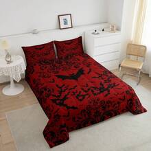 Erosebridal Halloween Bat Bedding Set, Red Black Gothic Comforter Set, Goth Damask Bats Bedding Comforter Sets, Halloween Animal Bed Set  - Soft Comfortable Microfiber, Festival Present - 紅色黑色 - 查看 4