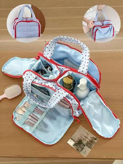 1pc Blue Background Red Heart Portable Makeup Bag, Large Capacity Cosmetic Organizer Bag, Handbag For Travel, Daily Necessities, Fashionable Women Accessory