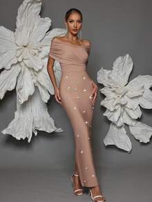 Vestido ajustado con hombros descubiertos y vendaje, hecho a mano con cuentas, sexy y ajustado, con abertura, adecuado para reuniones familiares, fiestas, banquetes y cócteles