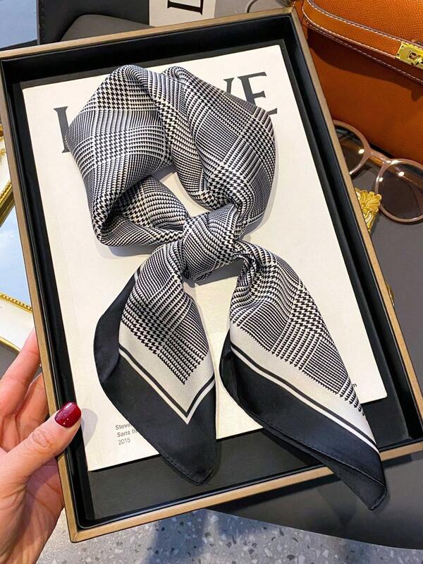 1pc 70cm X 70cm Fashion Versatile Multifunctional Square Scarf, Elegant Plaid Pattern Silk Scarf, Shirt Accessory Neck Warmer