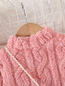 2pcs/Set Cute Textured Solid Color Long Sleeve Hooded Dress With Bow & Heart Decor Bag For Young Girls, Winter - Pink - View 4