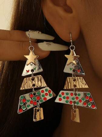 1 对圣诞珠宝金属圣诞树设计长吊坠耳环女士可爱精致圣诞夜礼物