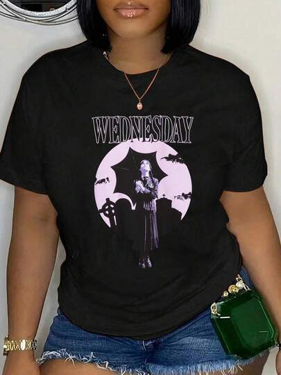 100% Cotton Wednesday Addams Moon Background Black Tshirt Round Neck Short Sleeve T-Shirt Women's Men's Graphic Tee