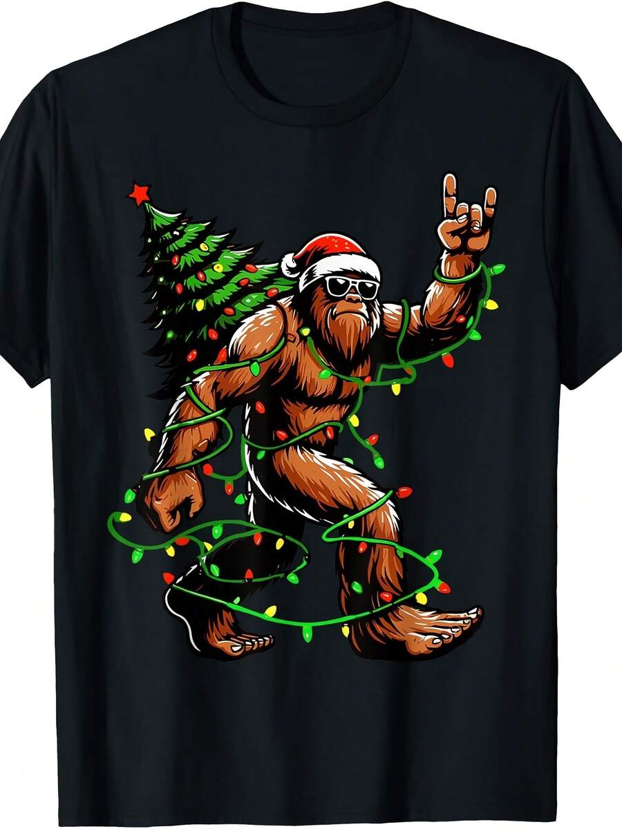 Santa Bigfoot Cistmas Tree Xmas Lights Funny Sasquatch T-Shirt - 款式11 - 查看 1