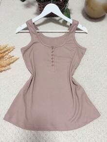 Women's Cotton Tank Top With Button Abrem287 (Size A Little Small, It Is Recommended To Order A Larger Size) - Coffee Brown - View 1