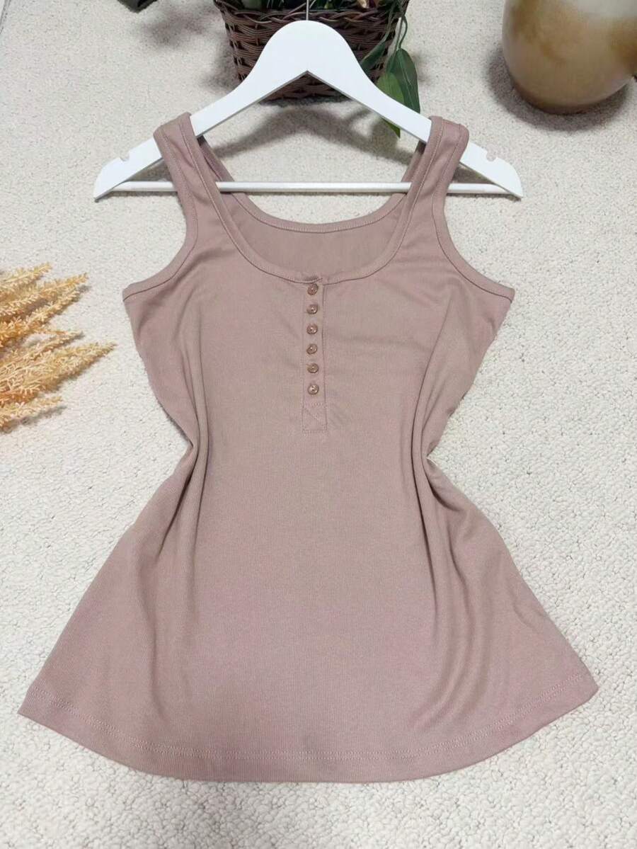 Women's Cotton Tank Top With Button Abrem287 (Size A Little Small, It Is Recommended To Order A Larger Size) - Coffee Brown - View 1