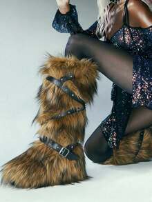 Women's Winter Furry Snow Boots Fuzzy Fluffy Round Toe Suede Booties Flat Heel Slip On Outdoor Indoor Shoes Fashion Warm Fluffy Shoes - 綁帶棕色 - 查看 1