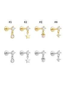 1 Piece S925 Sterling Silver Star & Water Drop Shaped Zirconia-Inlaid Flat-Head Threaded Nostril Piercing Stud, Suitable For Girls' Daily Wear And Party Occasions, And Also An Excellent Gift For Girlfriends, Mothers, And Sisters.