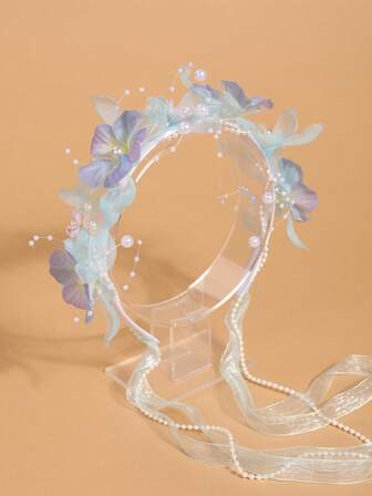 1pc Ethereal Flower Crown With Long Ribbons Hair Hoop, New Fairy Style Headband, Non-Tight Flyaway Hair Accessory ,Hairband For Women